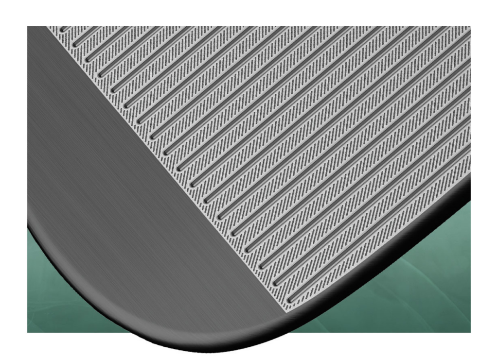 Up close view of grooves on face of wedge against green background
