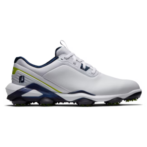 white navy blue and green golf shoe