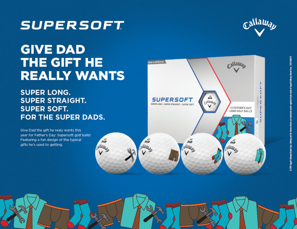 Callaway Supersoft Father's Day Golf Ball Dozen and four individual golf balls on blue background