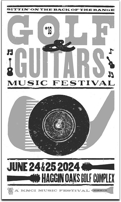 Grey & White Golf & Guitars Hatch Show Print Poster with grey iron hitting a black record