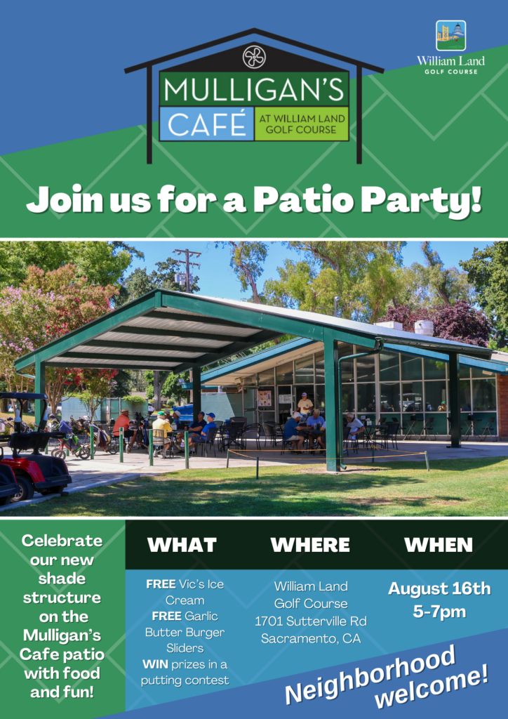 A flyer promoting the William Land Patio Party on August 16th from 5-7pm. There will be free Vic's ice cream, Garlic Butter Burger Sliders, and prizes available in a putting contest. It is at William Land Golf Course and everyone is invited.