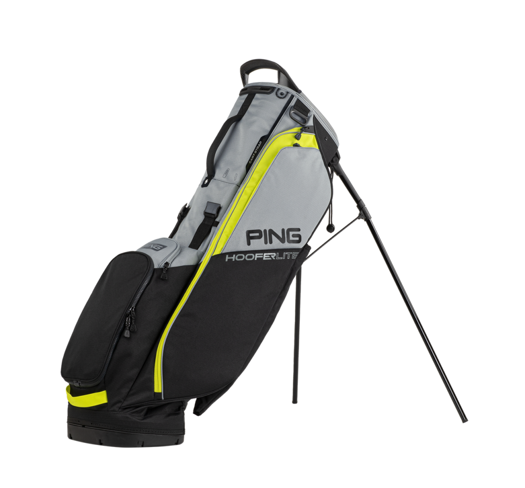 grey, black and bright yellow golf bag